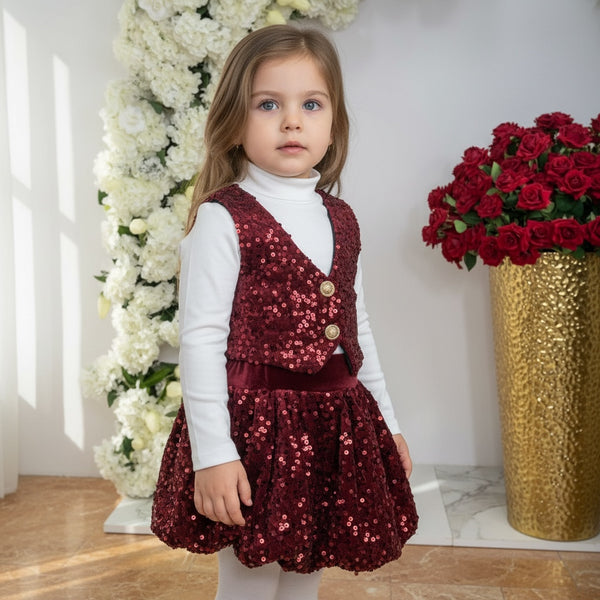 Completo 3pz 
Maglia mezzo collo
Panciotto pailettes
Gonna con paillettes - P6105