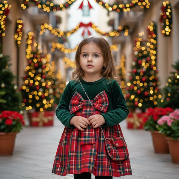 Vestitino con fioccone in vita e gonna scozzese + borsetta - 2156.