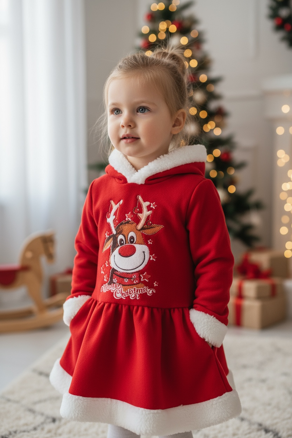 Vestitino con cappuccio natalizio con renna. - 2019