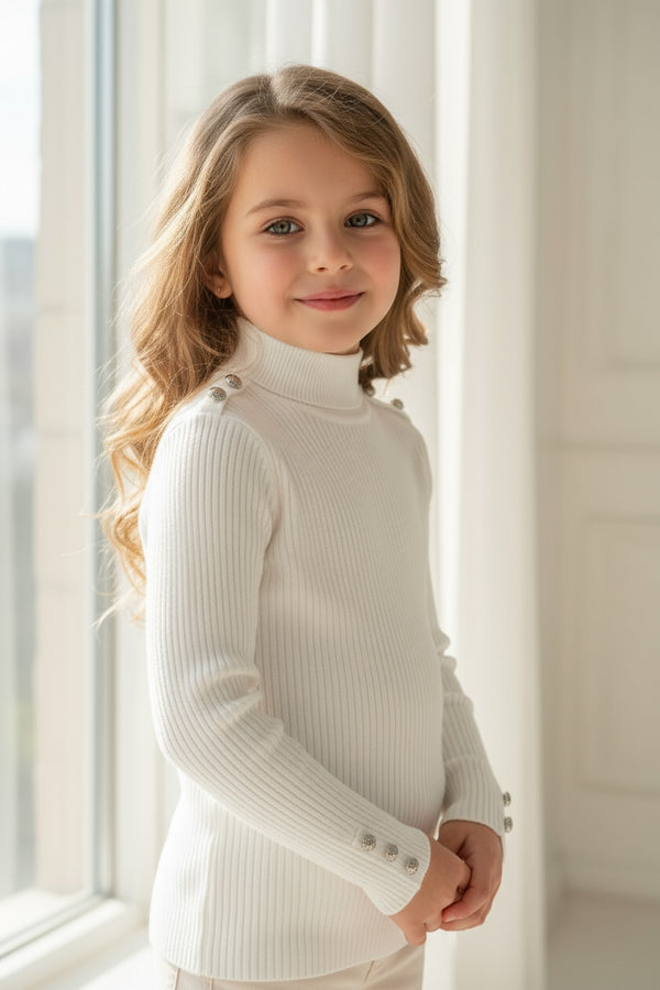 Maglioncino a costine mezzo collo con bottoni sulle spalle e alle maniche - BA964