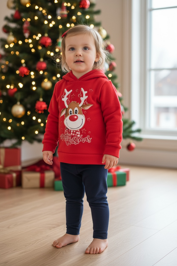 Max felpa con cappuccio e polsini alle maniche. Stampa natalizia.
Leggings tinta unita. - 28651