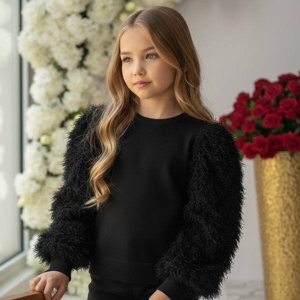 Maglia a costine con maniche a sbuffo con piume - SR887