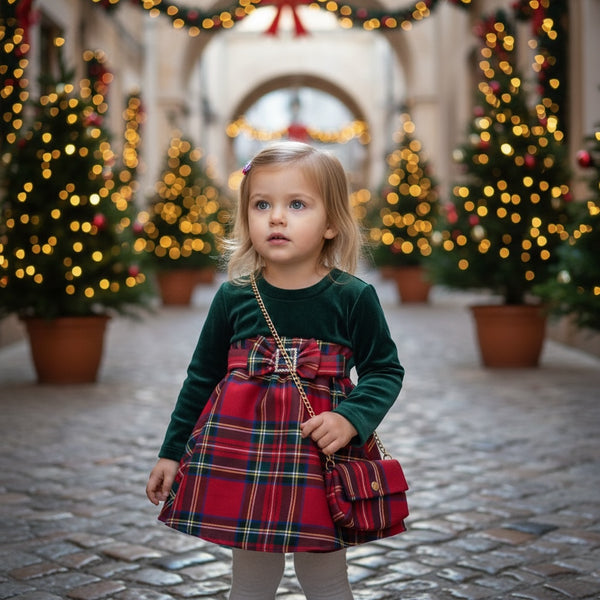 Vestitino in ciniglia verde e fondo scozzese con fiocco - 7718