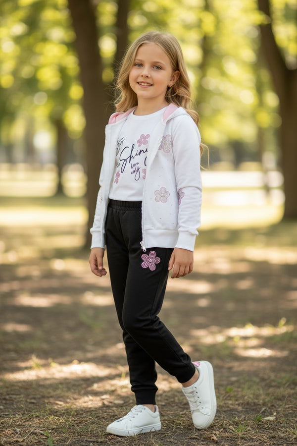 Tuta 3pz 
Felpa con zip e fiori glitter
Maglia
Pantalone - XBA9345