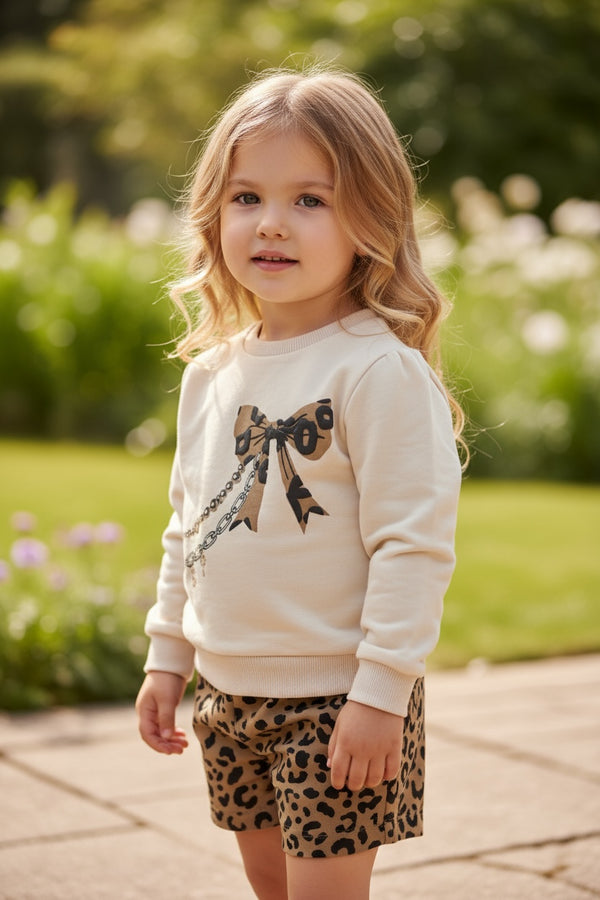 Completo 
Felpa girocollo con stampa a fiocco
Pantaloncino leopardato - SNA-1164-P3