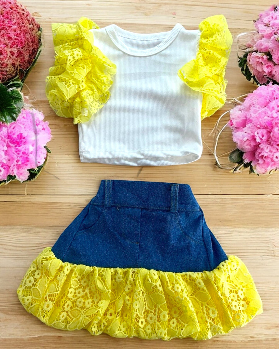 38185 - Grazioso Completo con Gonna in Jeans e Pizzo e maglia con Manica in Pizzo