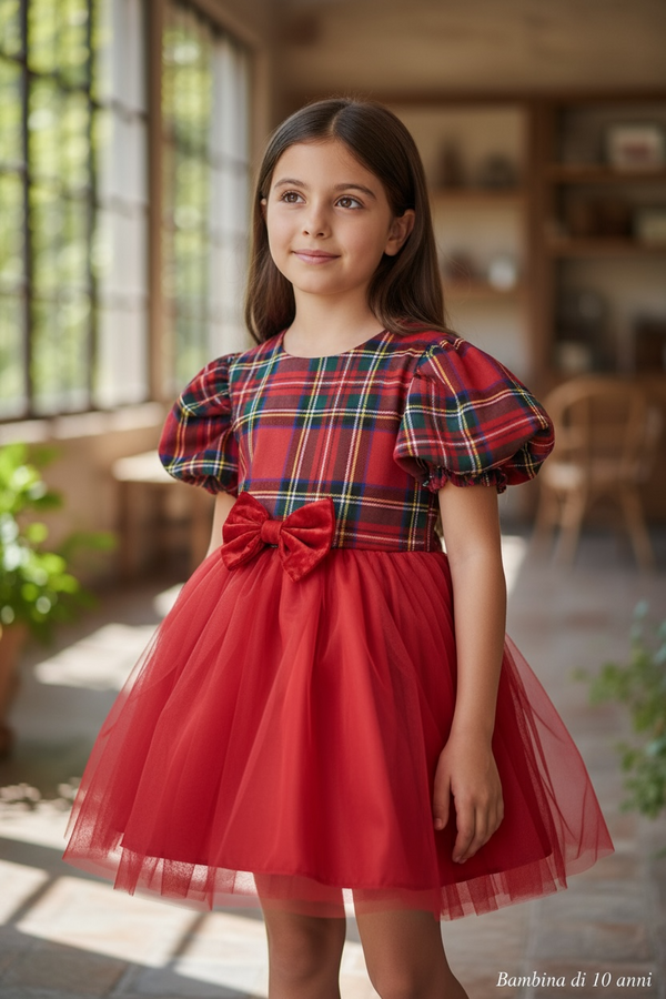 Vestitino con fantasia scozzese e fiocco in velluto in vita - 8520