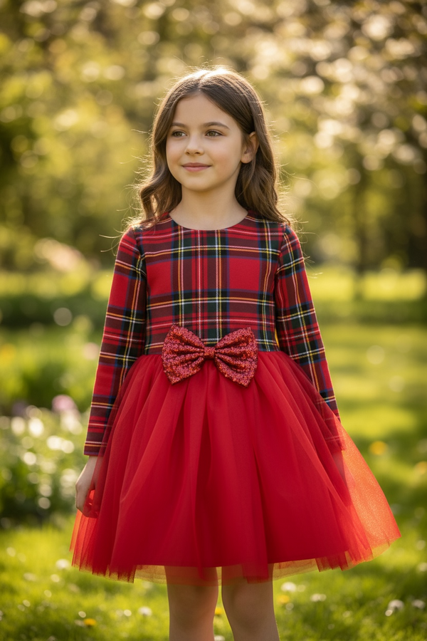 Vestitino scozzese con fiocco in paillettes. - 8079