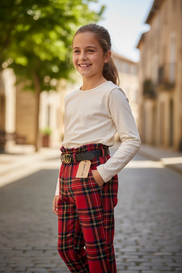 Pantalone con fantasia scozzese e cintura in vita - 33522