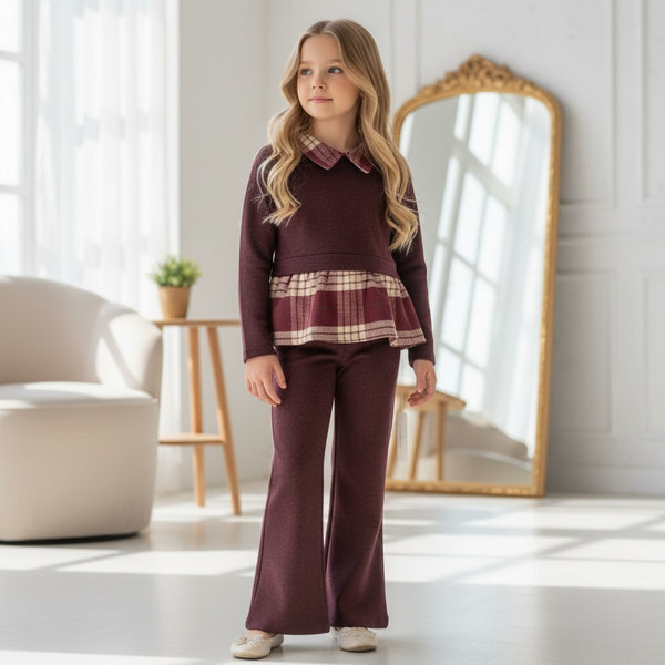 Completo felpa con finta camicia a quadri e pantalone a zampa - 25485