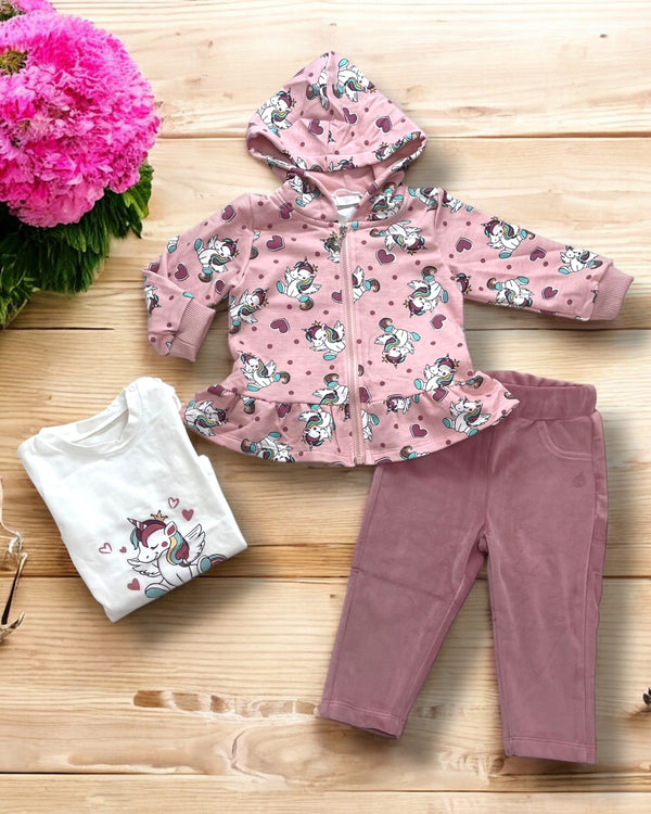 Completo con felpa con zip unicorni  e maglia cn leggings di jeans - B-c254