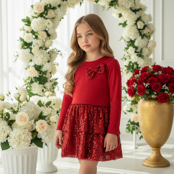 Vestitino con fiocco laterale al bustino e gonna a balze paillettes - 25488