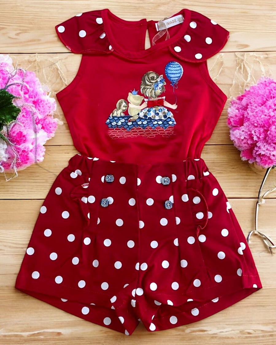 LF-0334 - Completo estivo da bambina con top senza maniche decorato da una dolce stampa e colletto a pois. Abbinato a shorts a vita alta con bottoncini e fantasia a pois, per un look vivace e raffinato.