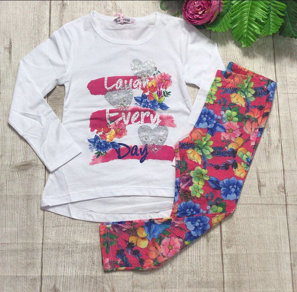 Completo Max Maglia girocollo con piccole perline brillantini. Stampa con fiori.
Leggings con fiori colorati. - GF100
