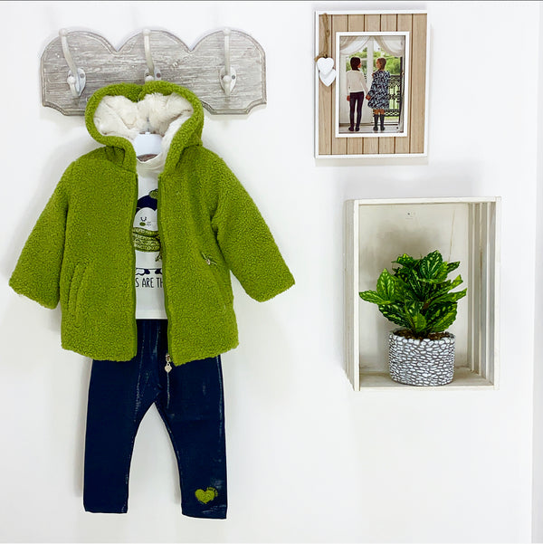 Completo 3 Pezzi 
Giubbino Teddy con pelliccetta interna;
Maglia con pinguino glitter;
Leggings in Ecopelle. - RP-F8302