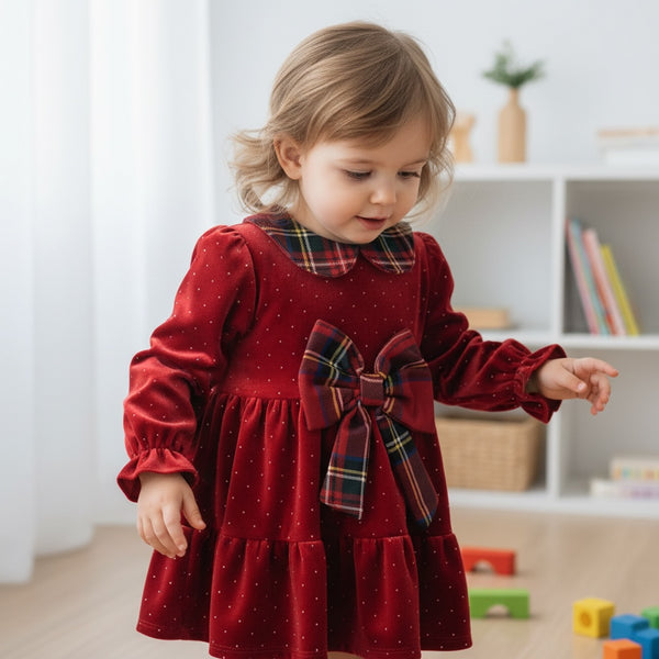 Vestitino brillantinato in ciniglia rosso con colletto e fiocco scozzese - 04115