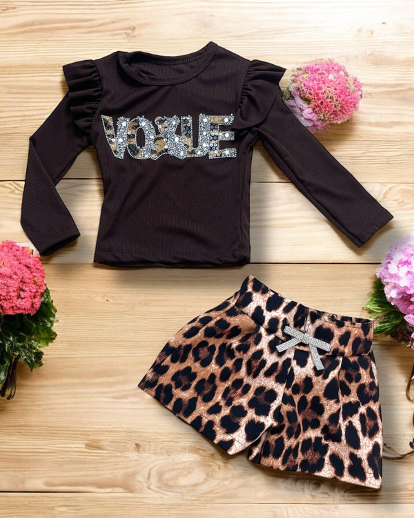 Completo con Pantaloncino Leopardato e maglia con Scritta con applicazioni gioello - 9520