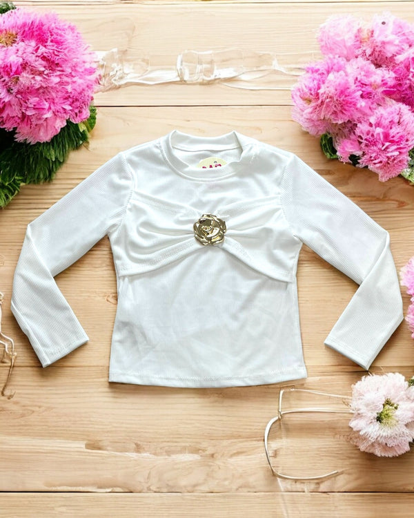 Maglia a costine con dettaglio gioiello a fiore - B3669