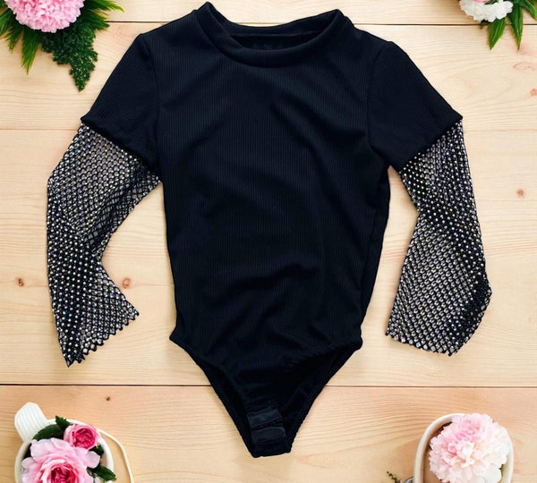 Maglia body a costine con maniche a rete e brillantini - 6519