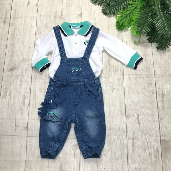 Salopette con dinosauro e maglia polo con polsini alle maniche - SG-227