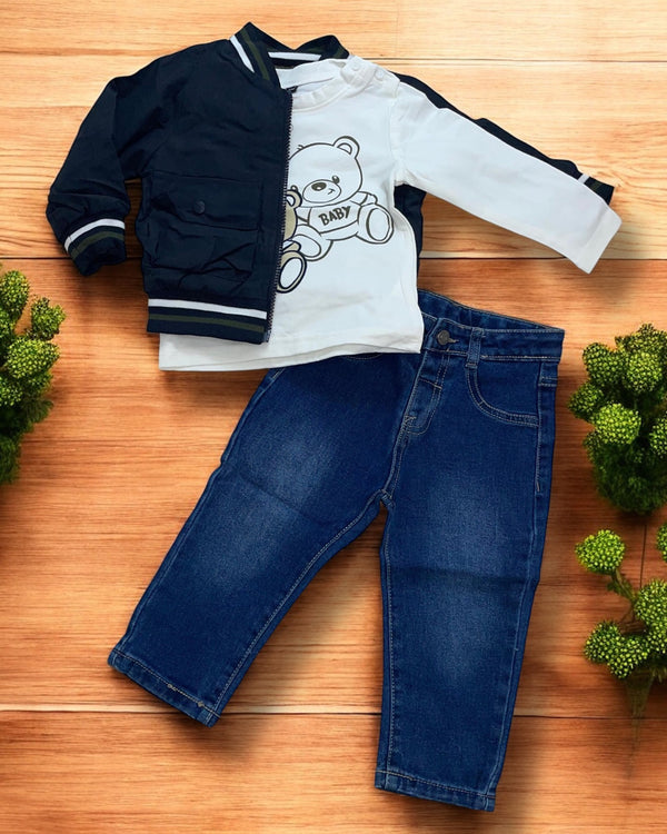Completo 3pz 
Giubbino 
T-Shirt girocollo con stampa orsetto 
Jeans - XNO-2166