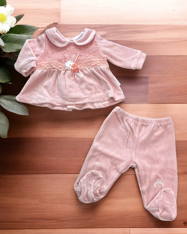 Completo nascita con merletto e piccoli fiori con perline - SC13