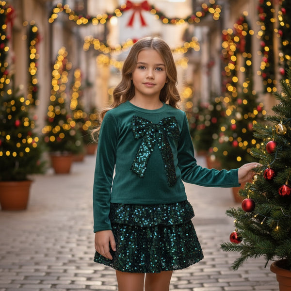 Completo 
Maglia con fiocco 
Gonna a balze con paillettes - B3739