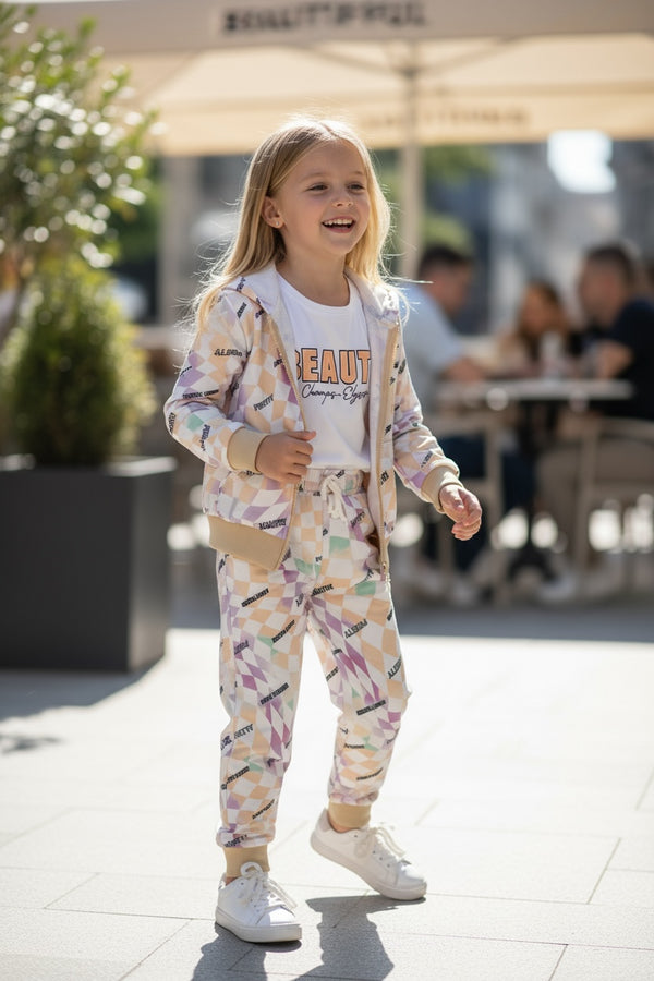 Tuta Cotone a fantasia 3pz
Felpa con cappuccio 
T-Shirt giro collo mezza manica 
Pantalone con elastico in caviglia - K-7267