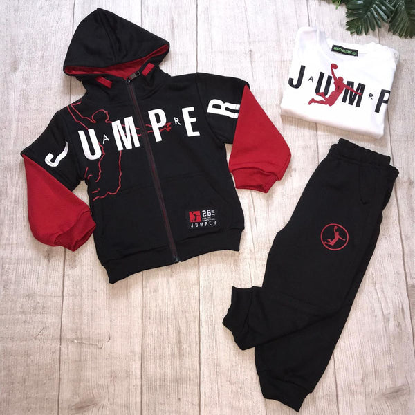Tuta 3pz
Felpa con cappuccio e polsini alle maniche. Apertura con zip davanti;
Maglia girocollo;
Pantalone con elastico in vita e polsini alle caviglie. - LF-9084