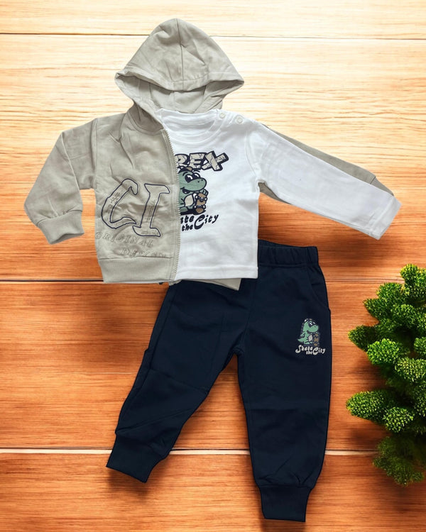 Tuta dinosauro 3pz 
Felpa con cappuccio
T-Shirt grocollo con stampa dinosauro
Pantalone - FY-1061