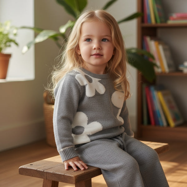 Coordinato in lana 
Maglioncino con stampa a fiori
Pantalone a zampa - QC1570AB