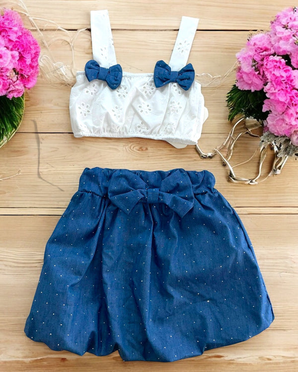 Completo con top e pantalonicino strass jeans - 3280