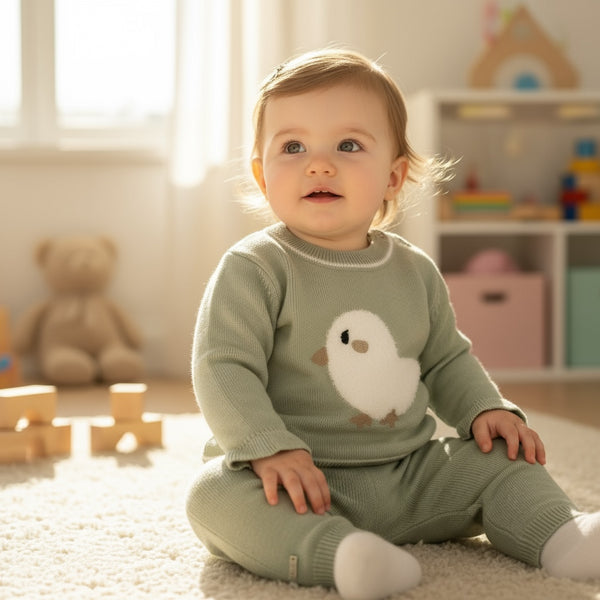 Coordinato lana 
Maglioncino con stampa uccellino 
Pantalone - SBBA-043-B3