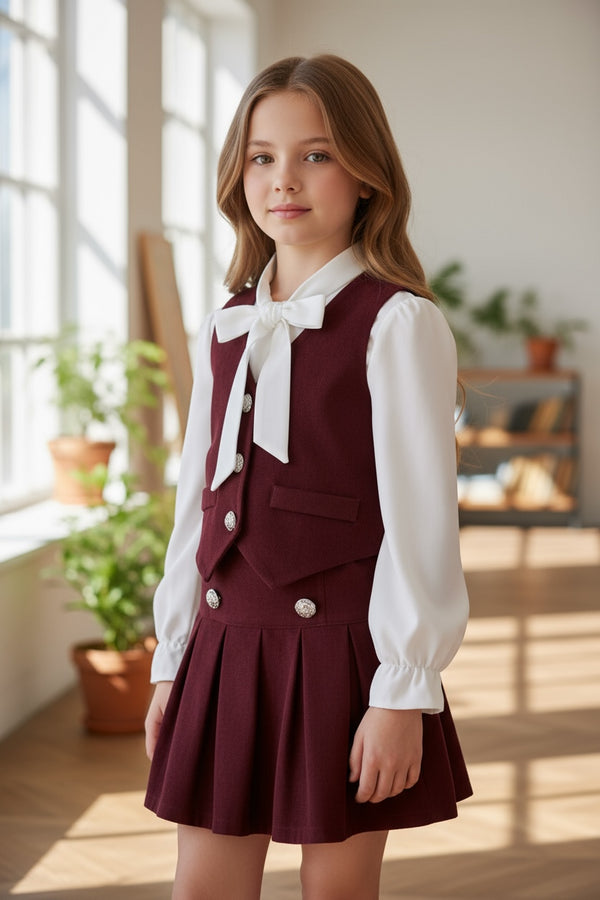 Coordinato 3pz
Camicia con fiocco 
Gilet 
Gonna a pieghe - 25378