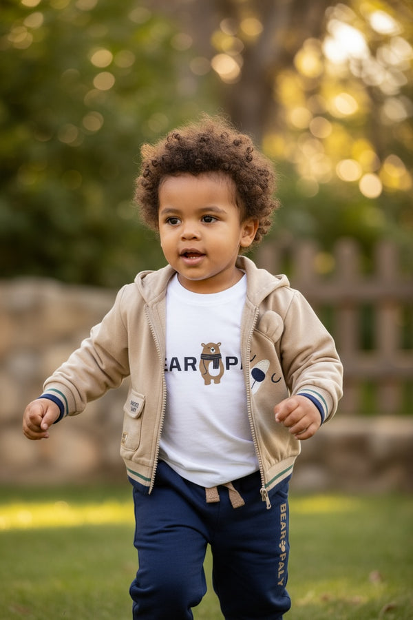 Tuta 3pz 
Felpa con cappuccio 
T-Shirt con stampa orsetto 
Pantalone - RF-1719