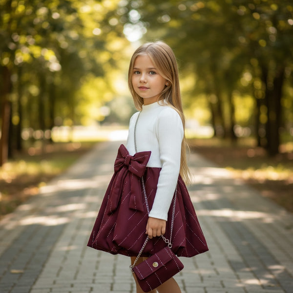 Vestitino in lanetta con gonna brillantinata e borsetta - 601678